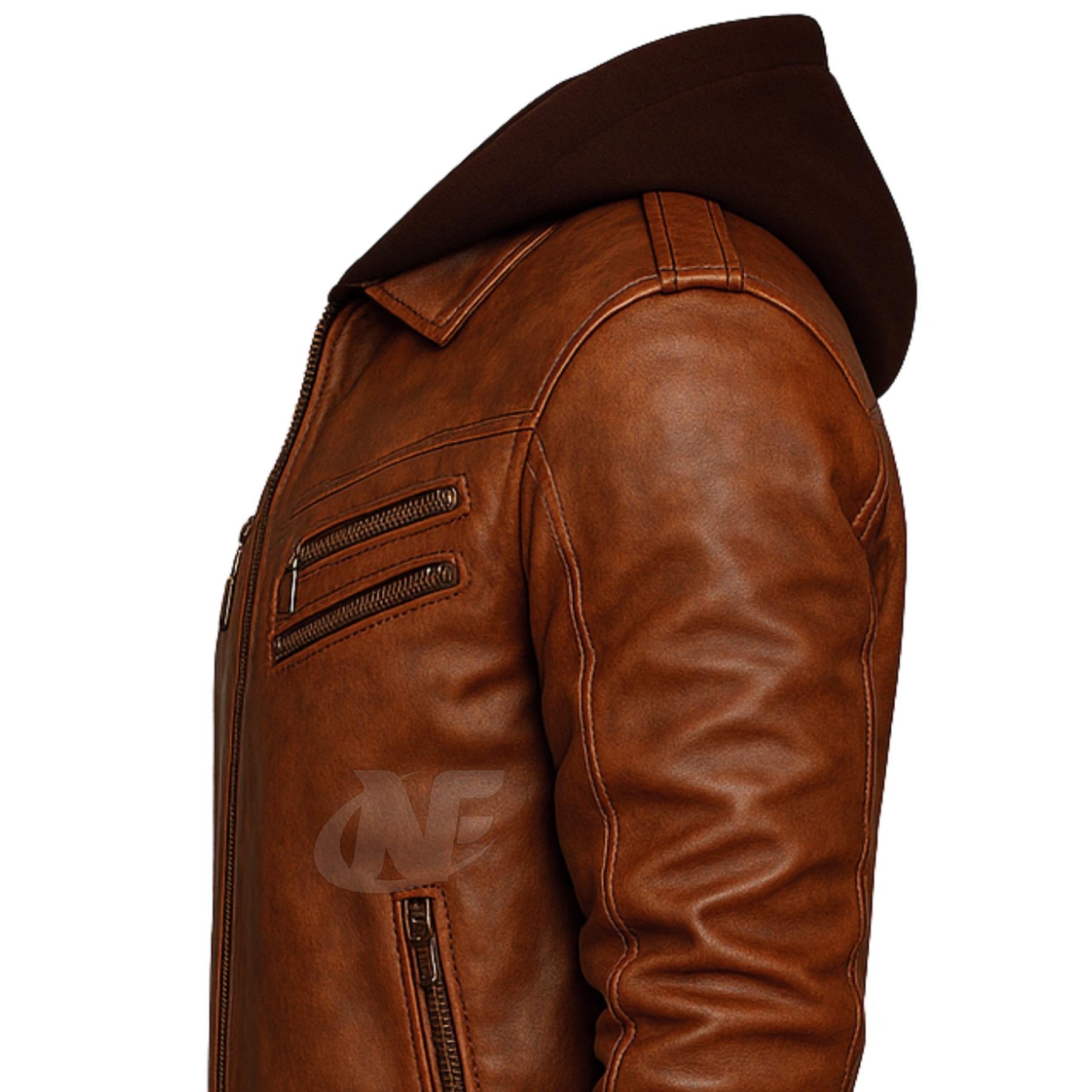 Distressed Brown Hooded Real Leather Jacket | 100% Genuine Leather Classic Biker Bomber Motorcycle Jacket with Removable Hood