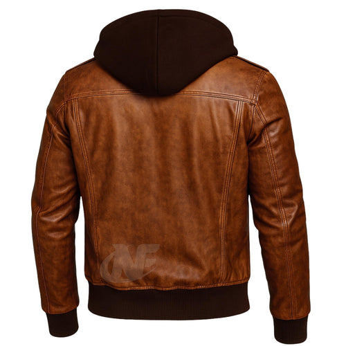 Distressed Brown Hooded Real Leather Jacket | 100% Genuine Leather Classic Biker Bomber Motorcycle Jacket with Removable Hood