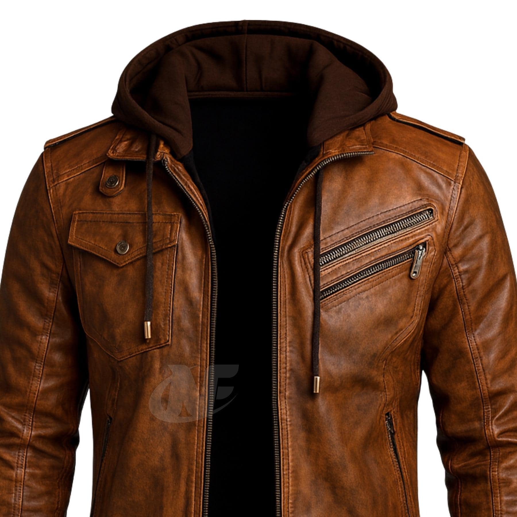 Distressed Brown Hooded Real Leather Jacket | 100% Genuine Leather Classic Biker Bomber Motorcycle Jacket with Removable Hood