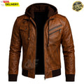 Distressed Brown Hooded Real Leather Jacket | 100% Genuine Leather Classic Biker Bomber Motorcycle Jacket with Removable Hood