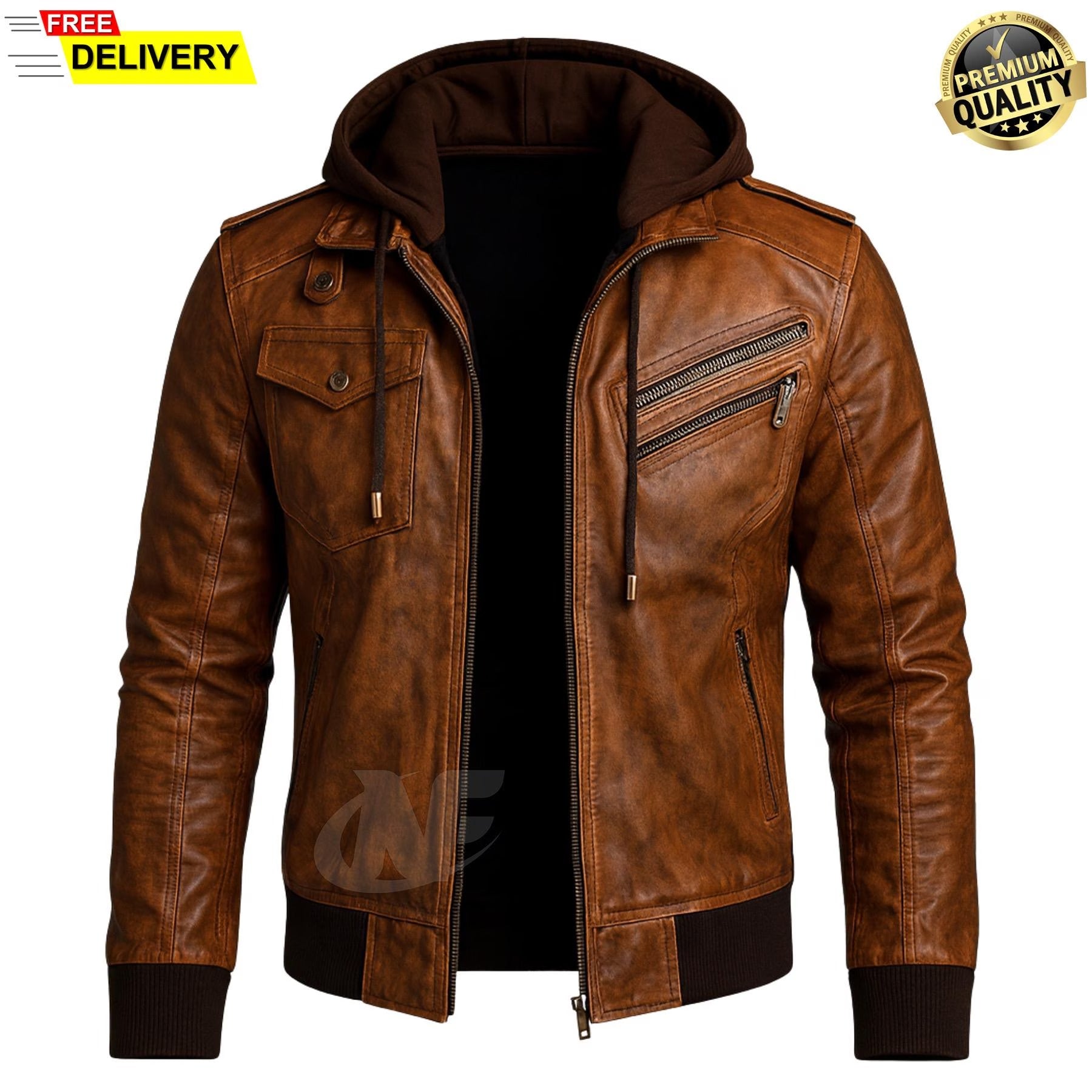 Distressed Brown Hooded Real Leather Jacket | 100% Genuine Leather Classic Biker Bomber Motorcycle Jacket with Removable Hood