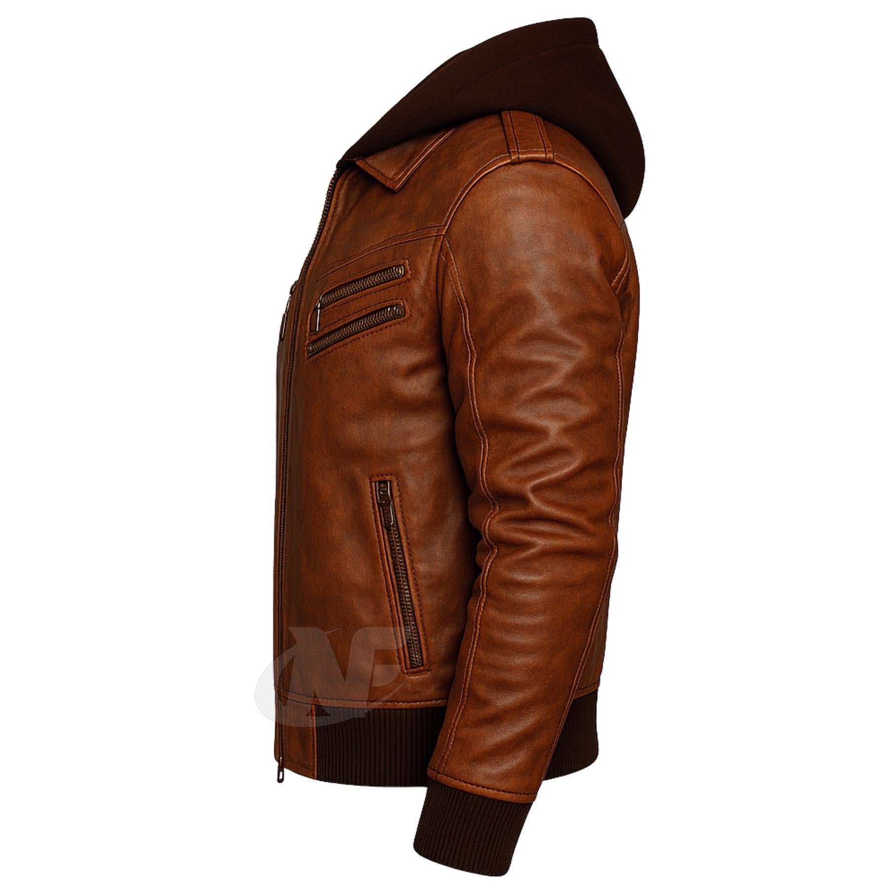 Distressed Brown Hooded Real Leather Jacket | 100% Genuine Leather Classic Biker Bomber Motorcycle Jacket with Removable Hood