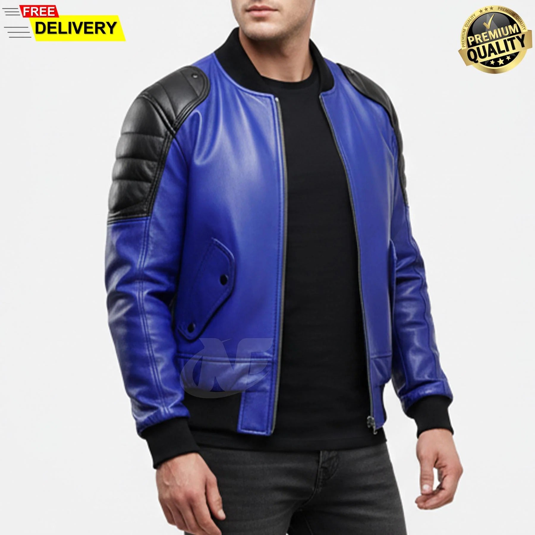 Men's BLUE Real Lambskin Leather Jacke | Handmade Letterman Style College Univerity Jacket | Western Casual Fashion Party Jacket