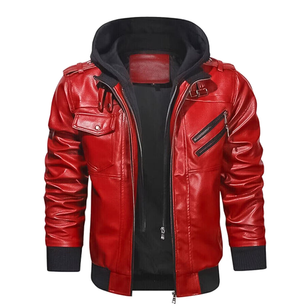 Rode & Zwarte Heren Echt Leren Capuchonjas | Echte Schapenvacht Biker Rider Bomber Motorjas, Handgemaakte Jas met Afneembare Capuchon
