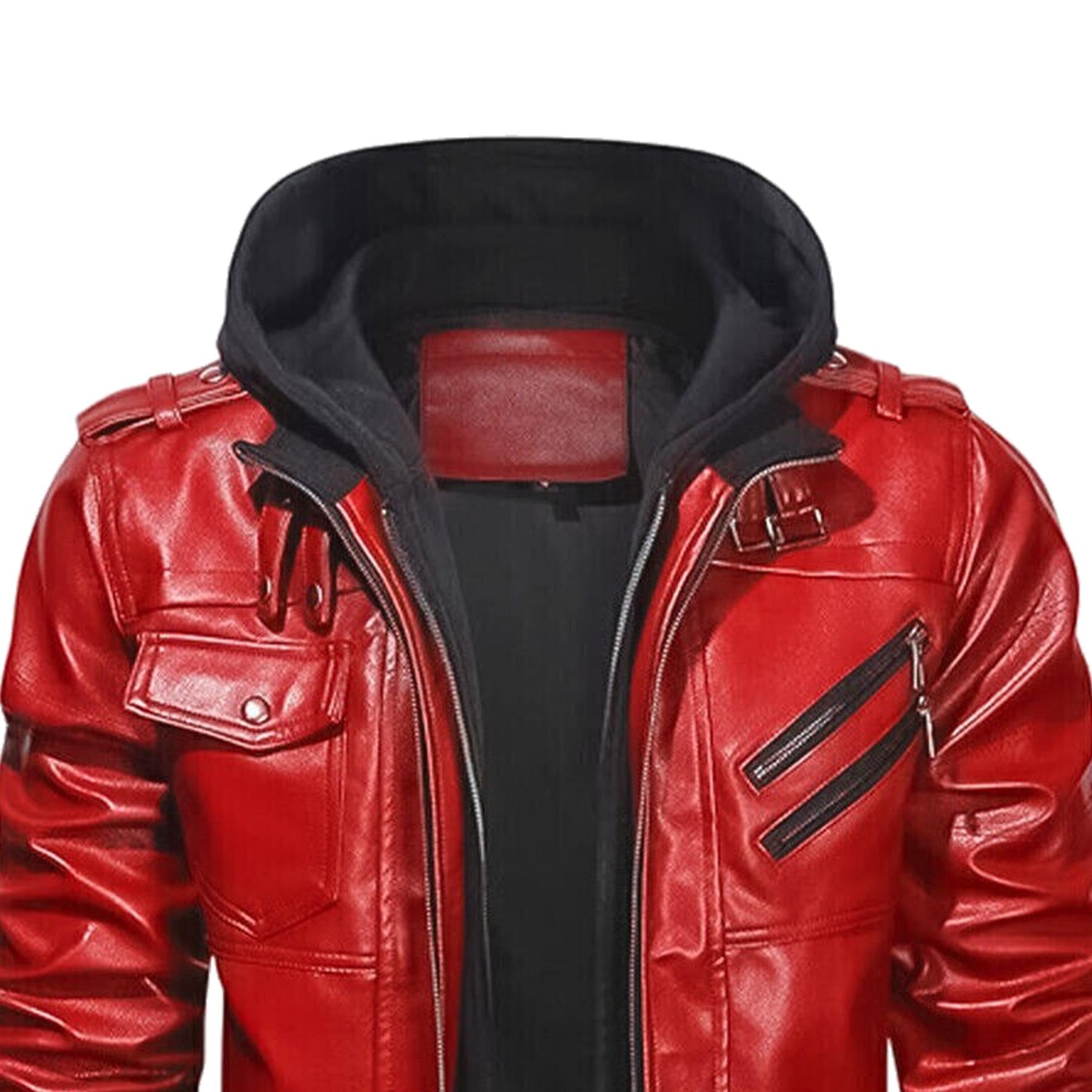 Red & Black Mens Genuine Leather Hooded Jacket | Real Sheepskin Biker Rider Bomber Motorcycle Jacket, Handmade Jacketnwith Removeable Hood