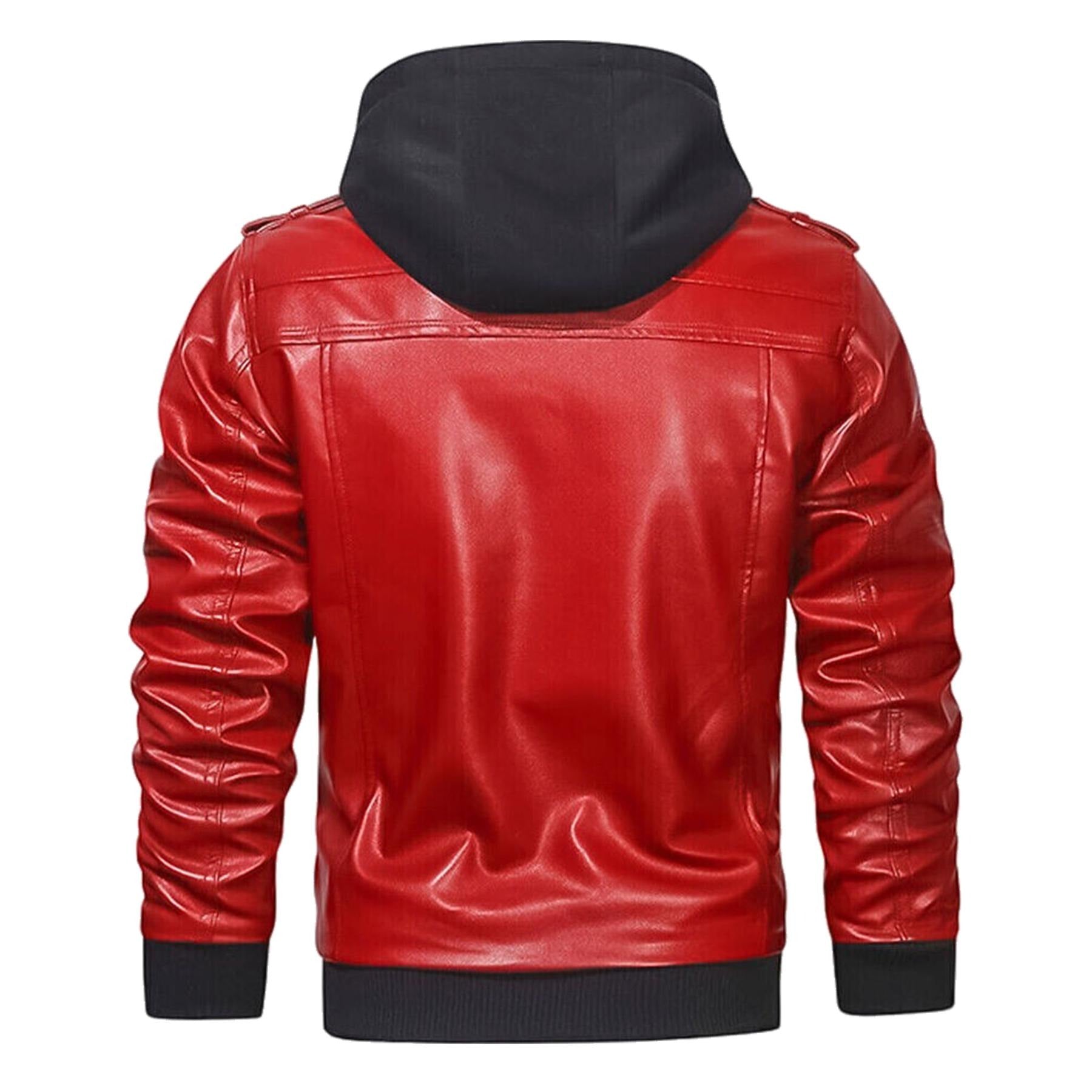 Red & Black Mens Genuine Leather Hooded Jacket | Real Sheepskin Biker Rider Bomber Motorcycle Jacket, Handmade Jacketnwith Removeable Hood