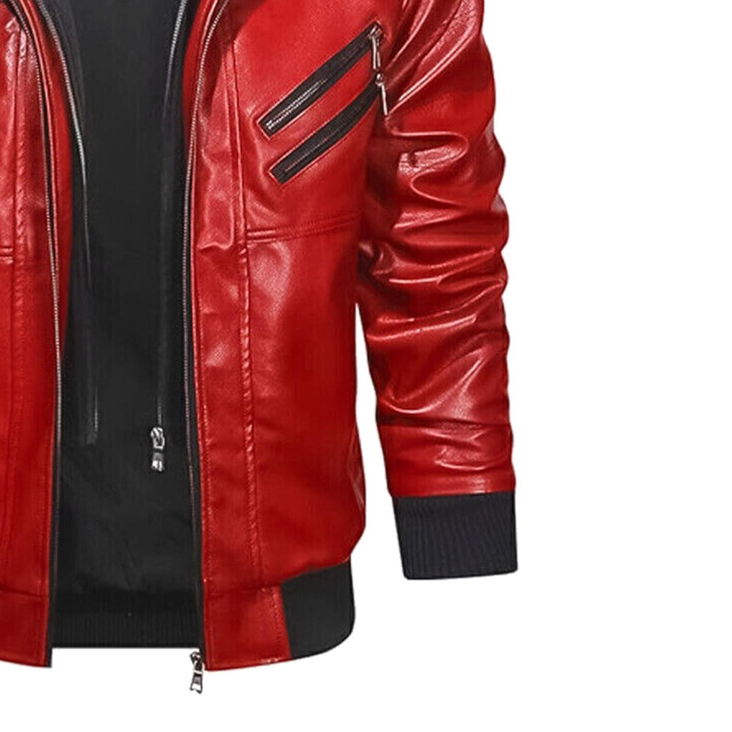 Rode & Zwarte Heren Echt Leren Capuchonjas | Echte Schapenvacht Biker Rider Bomber Motorjas, Handgemaakte Jas met Afneembare Capuchon