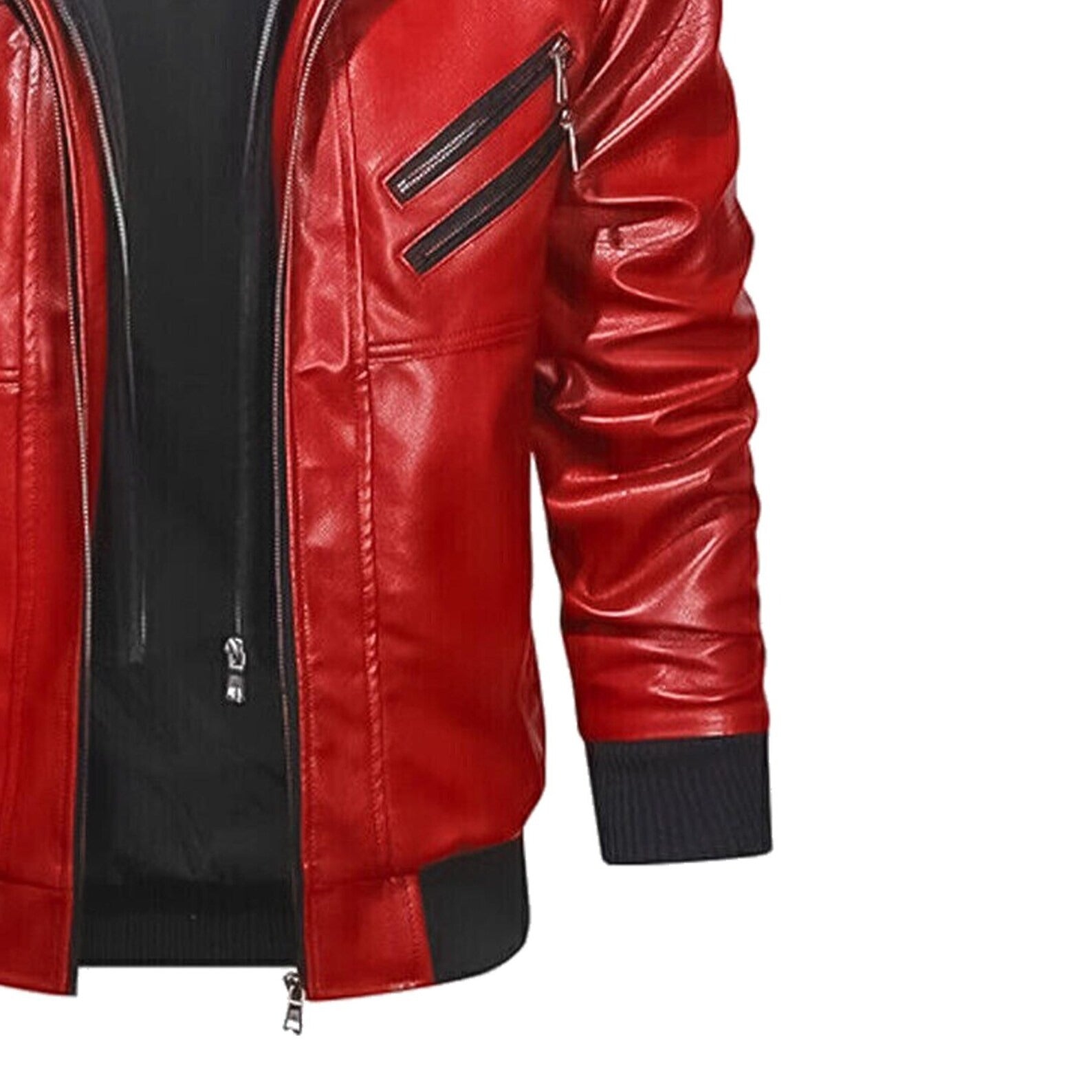 Red & Black Mens Genuine Leather Hooded Jacket | Real Sheepskin Biker Rider Bomber Motorcycle Jacket, Handmade Jacketnwith Removeable Hood