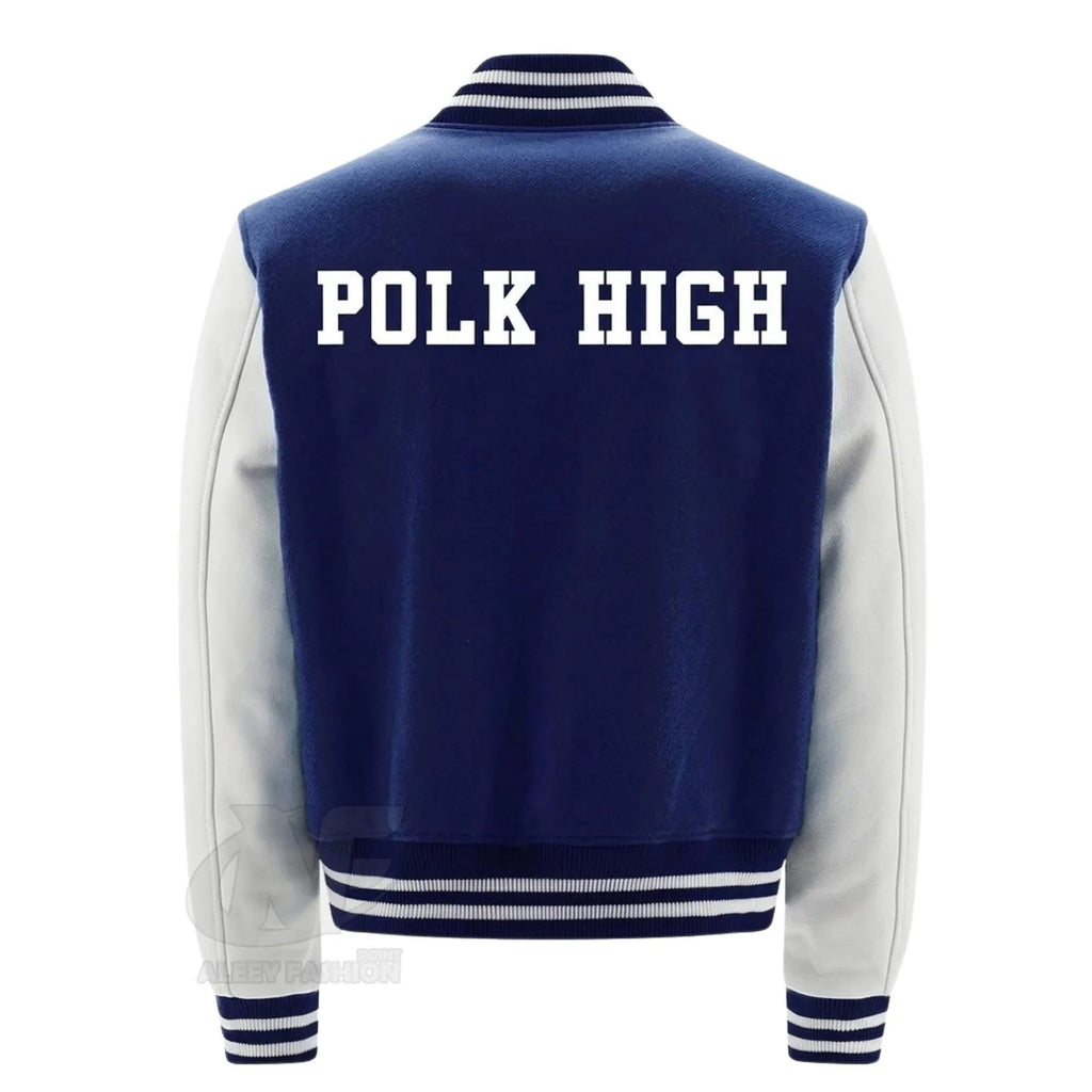 Custom Polk High Varsity Jacket | Blue and White Wool Letterman with Leather Sleeves | Retro 80s Football Bomber Coat Mens Streetwear Jacket