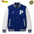 Custom Polk High Varsity Jacket | Blue and White Wool Letterman with Leather Sleeves | Retro 80s Football Bomber Coat Mens Streetwear Jacket