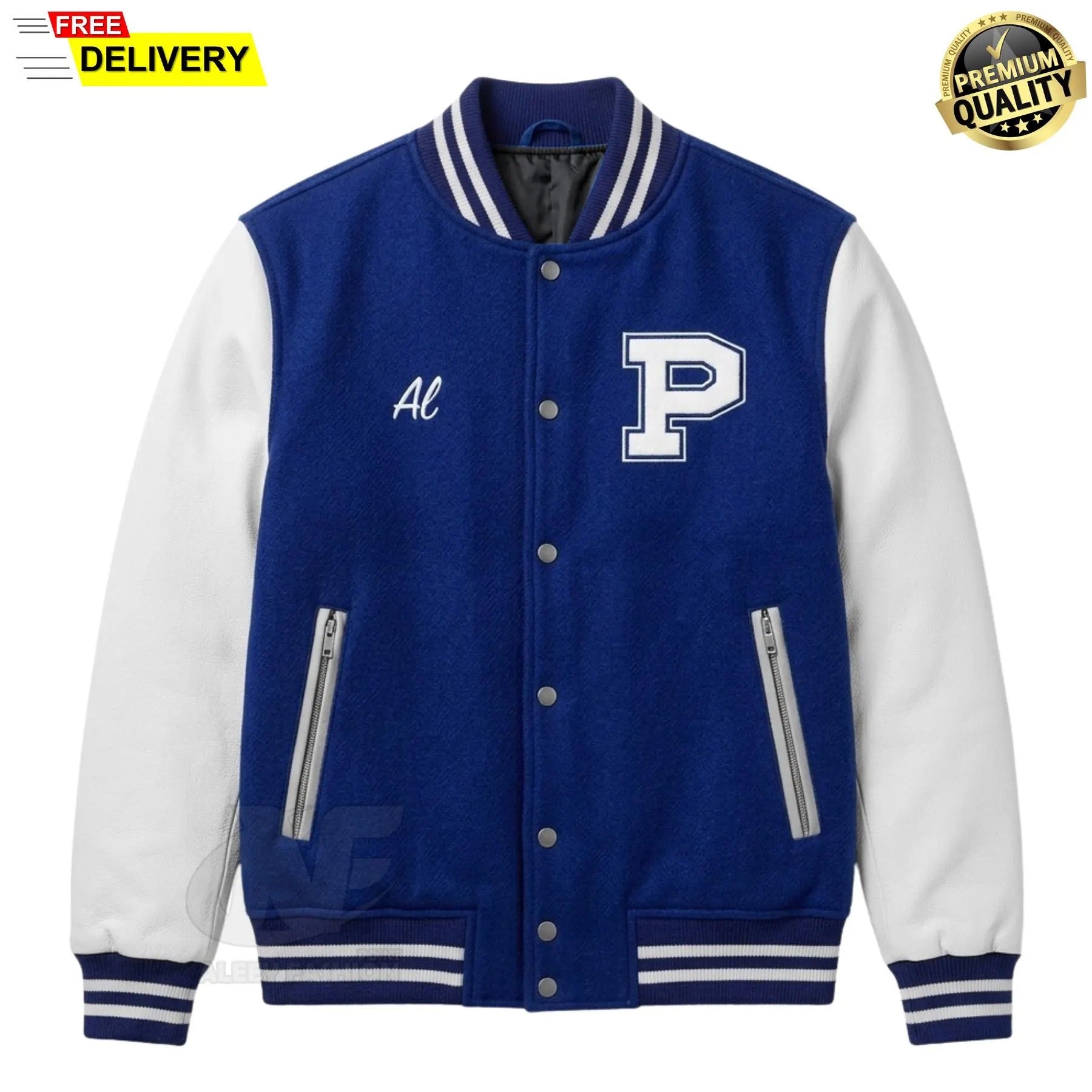 Custom Polk High Varsity Jacket | Blue and White Wool Letterman with Leather Sleeves | Retro 80s Football Bomber Coat Mens Streetwear Jacket
