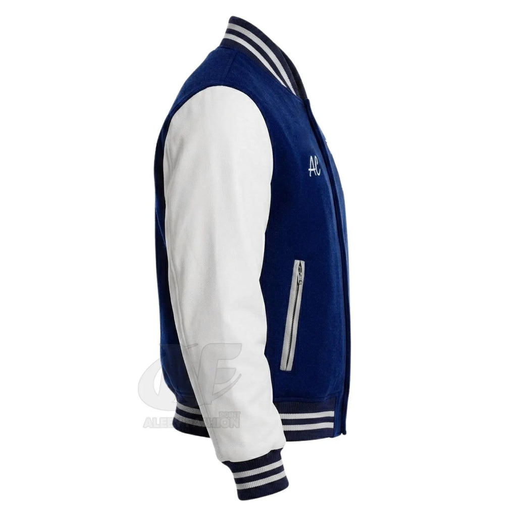 Custom Polk High Varsity Jacket | Blue and White Wool Letterman with Leather Sleeves | Retro 80s Football Bomber Coat Mens Streetwear Jacket
