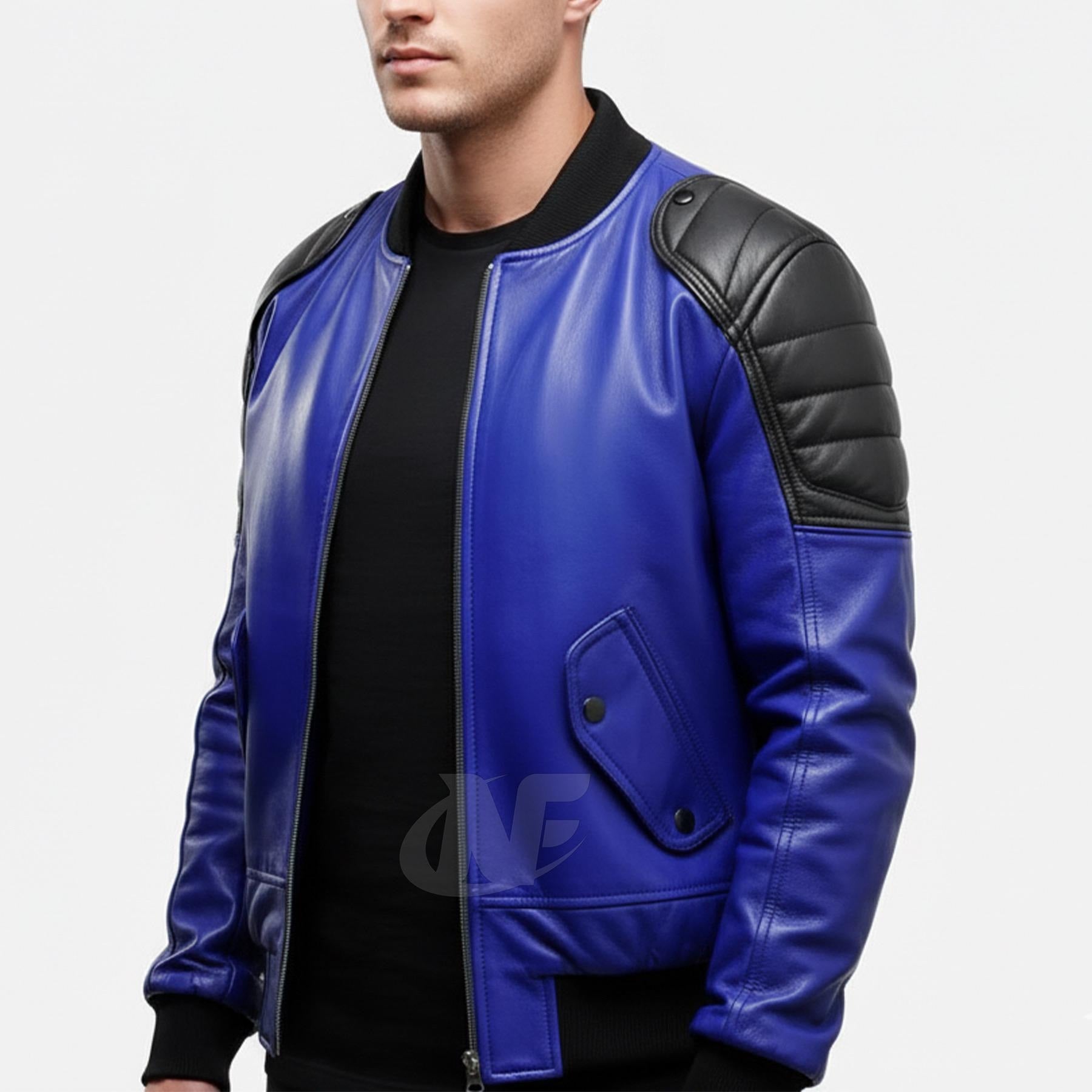 Men's BLUE Real Lambskin Leather Jacke | Handmade Letterman Style College Univerity Jacket | Western Casual Fashion Party Jacket