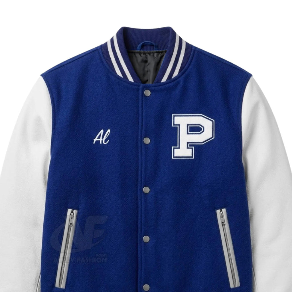 Custom Polk High Varsity Jacket | Blue and White Wool Letterman with Leather Sleeves | Retro 80s Football Bomber Coat Mens Streetwear Jacket