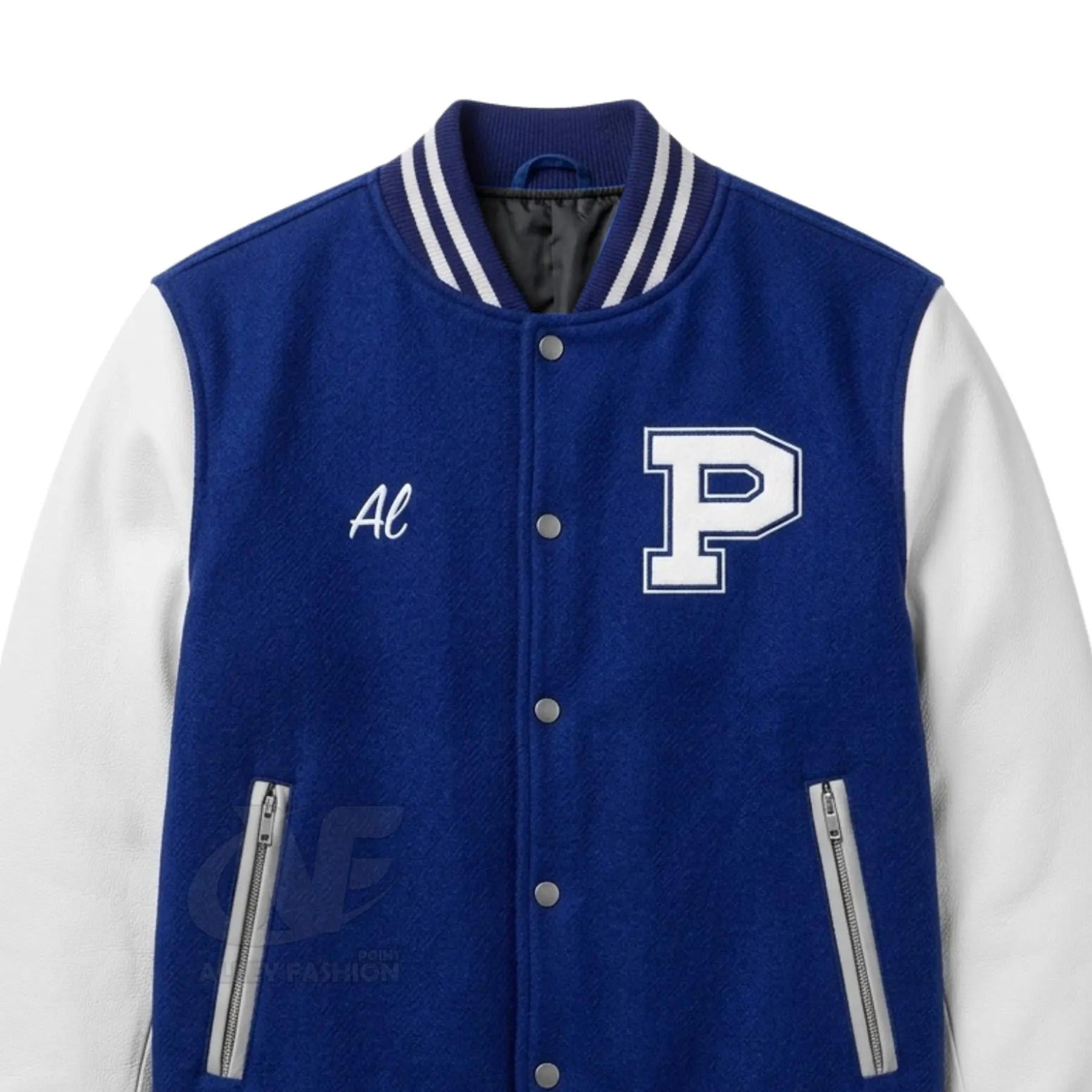 Custom Polk High Varsity Jacket | Blue and White Wool Letterman with Leather Sleeves | Retro 80s Football Bomber Coat Mens Streetwear Jacket