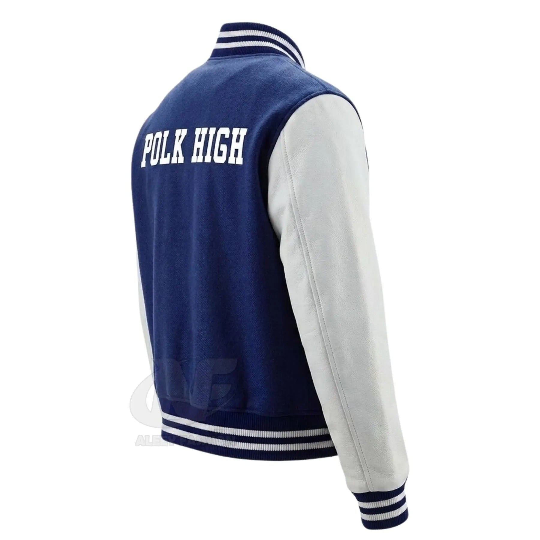 Custom Polk High Varsity Jacket | Blue and White Wool Letterman with Leather Sleeves | Retro 80s Football Bomber Coat Mens Streetwear Jacket