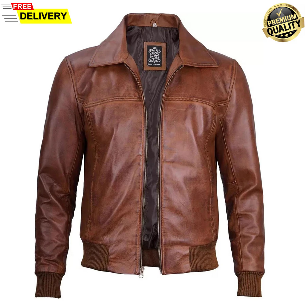 Men's Brown Lambskin Leather Biker Jacket, Zip-Up Bomber Style