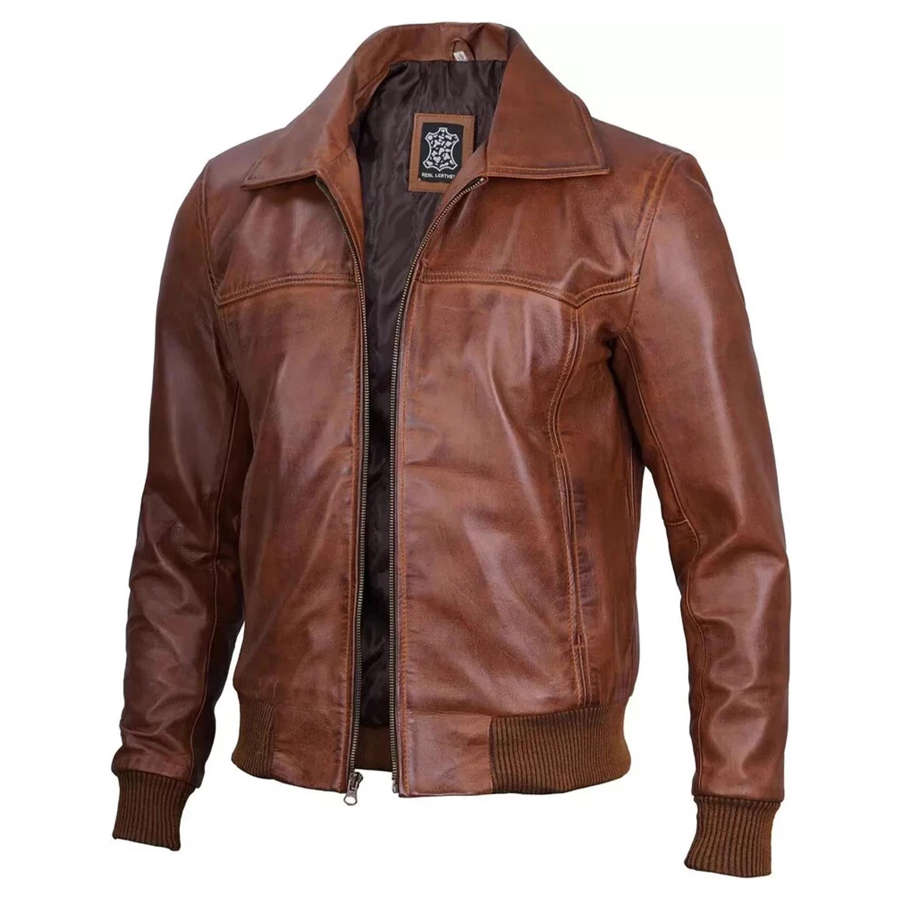 Men's Brown Lambskin Leather Biker Jacket, Zip-Up Bomber Style