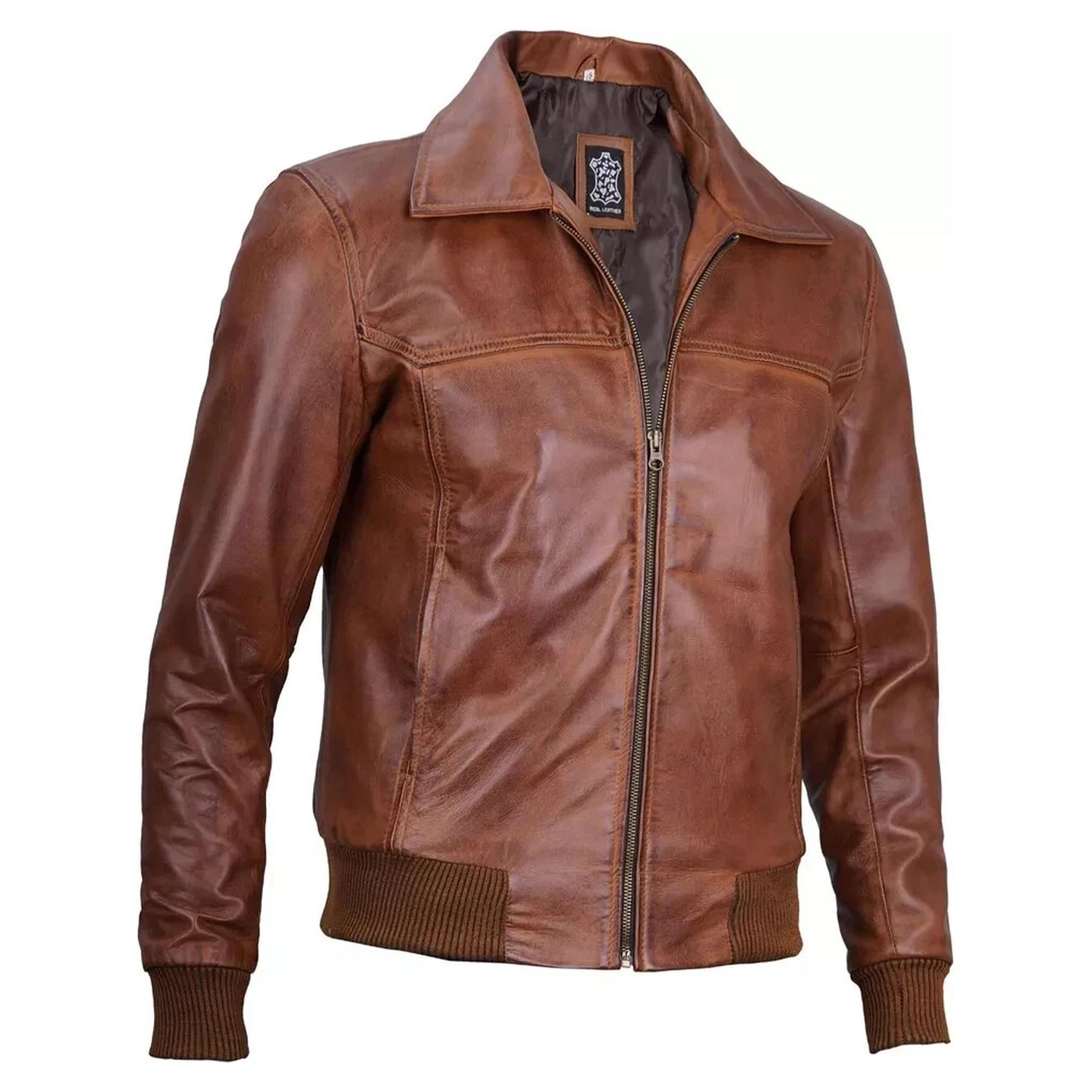 Men's Brown Lambskin Leather Biker Jacket, Zip-Up Bomber Style