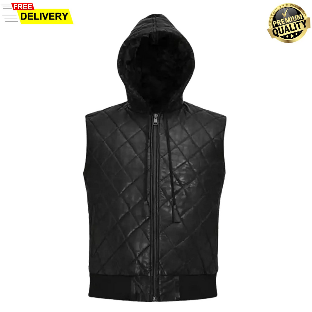 Men's Black Real Leather Puffer Vest | Hooded Biker Sleeveless Jacket