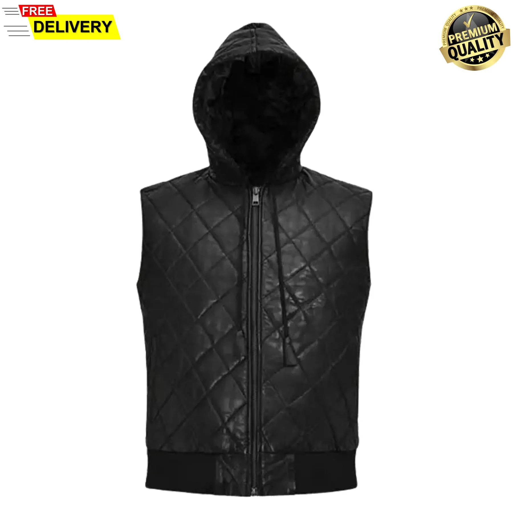 Men's Black Real Leather Puffer Vest | Hooded Biker Sleeveless Jacket