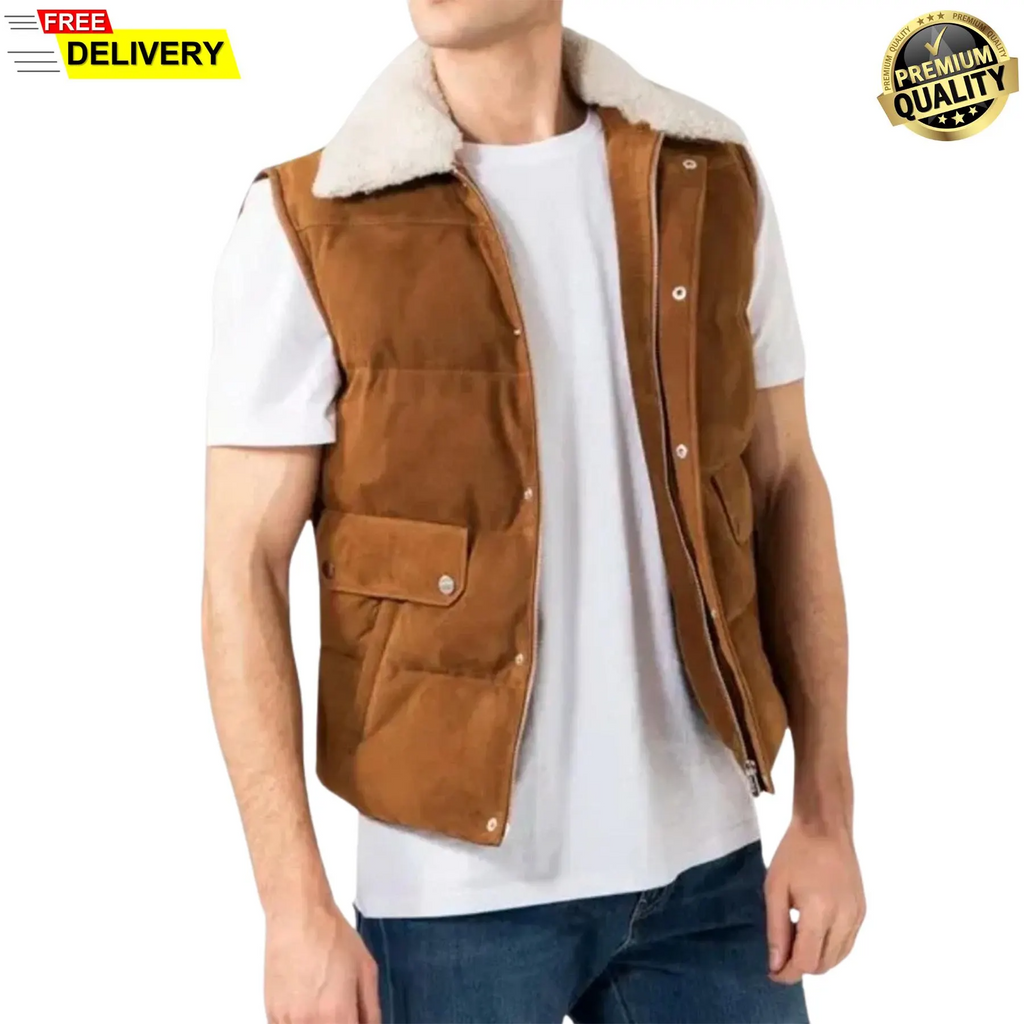 Suède Leren Puffer Vest voor Heren | Mouwloos Western Jack in Bruin