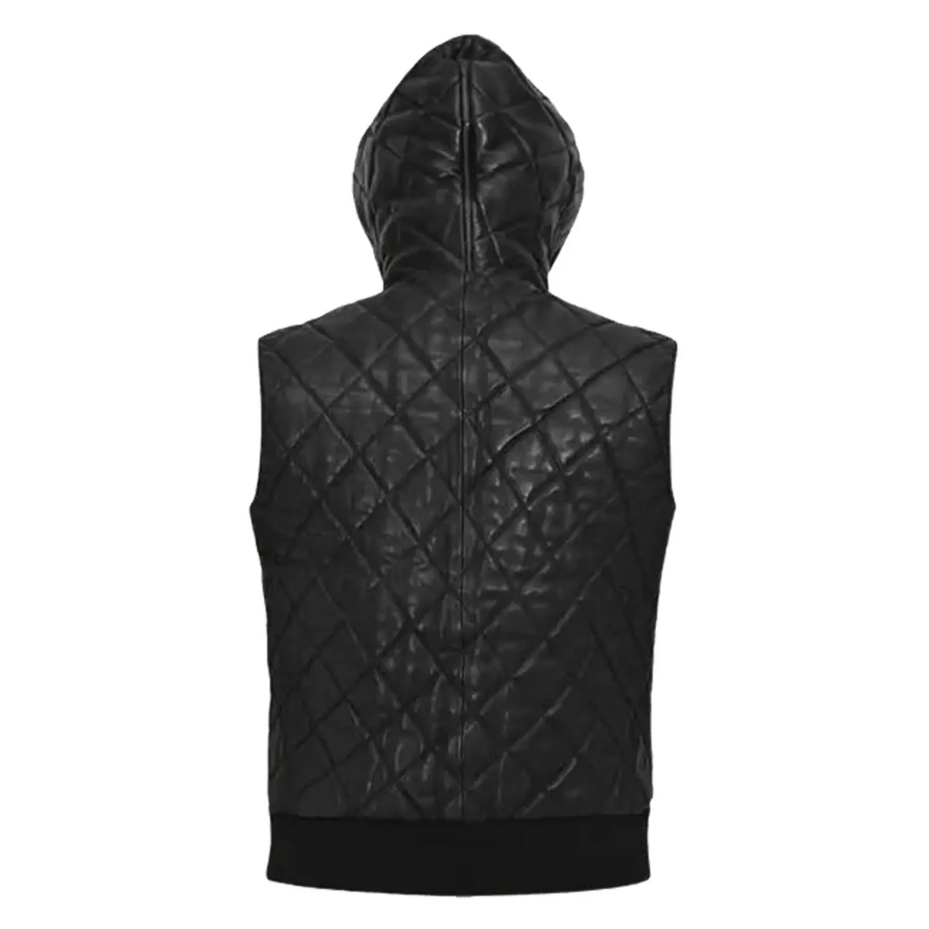 Men's Black Real Leather Puffer Vest | Hooded Biker Sleeveless Jacket