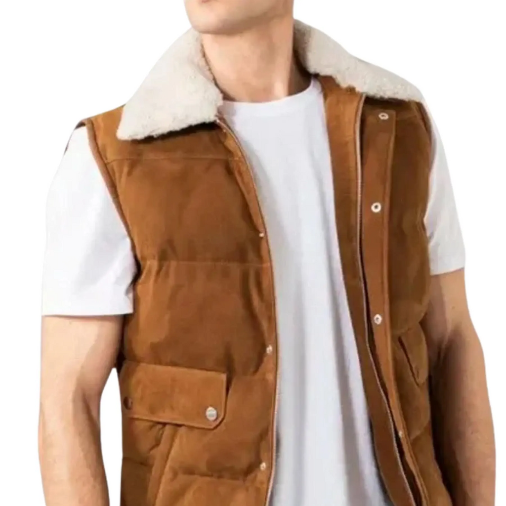 Suède Leren Puffer Vest voor Heren | Mouwloos Western Jack in Bruin
