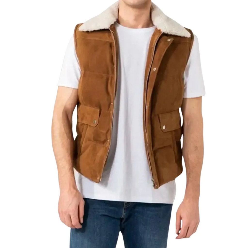 Suède Leren Puffer Vest voor Heren | Mouwloos Western Jack in Bruin