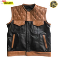 Gewatteerd Leren Herenvest | Handgemaakt Bruin & Zwart Biker Vest