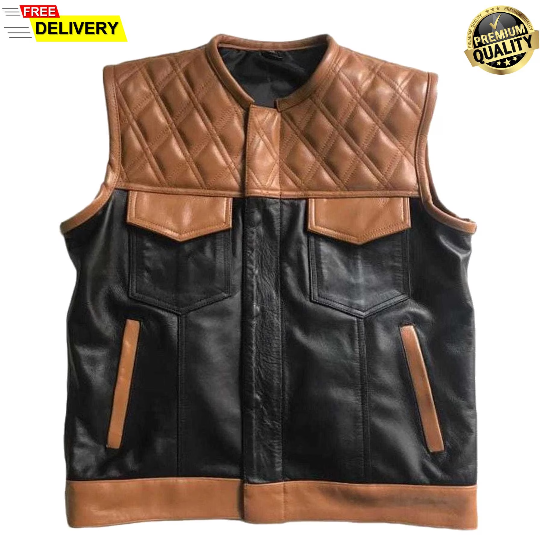 Men's Quilted Leather Vest | Handmade Brown & Black Biker Vest
