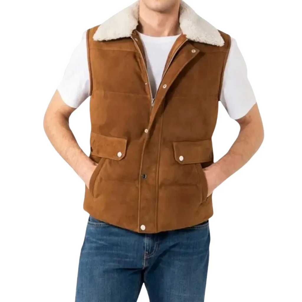 Suède Leren Puffer Vest voor Heren | Mouwloos Western Jack in Bruin
