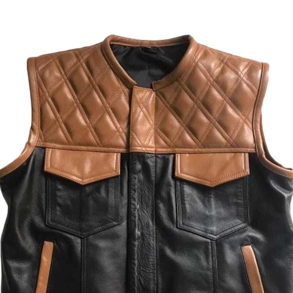 Gewatteerd Leren Herenvest | Handgemaakt Bruin & Zwart Biker Vest