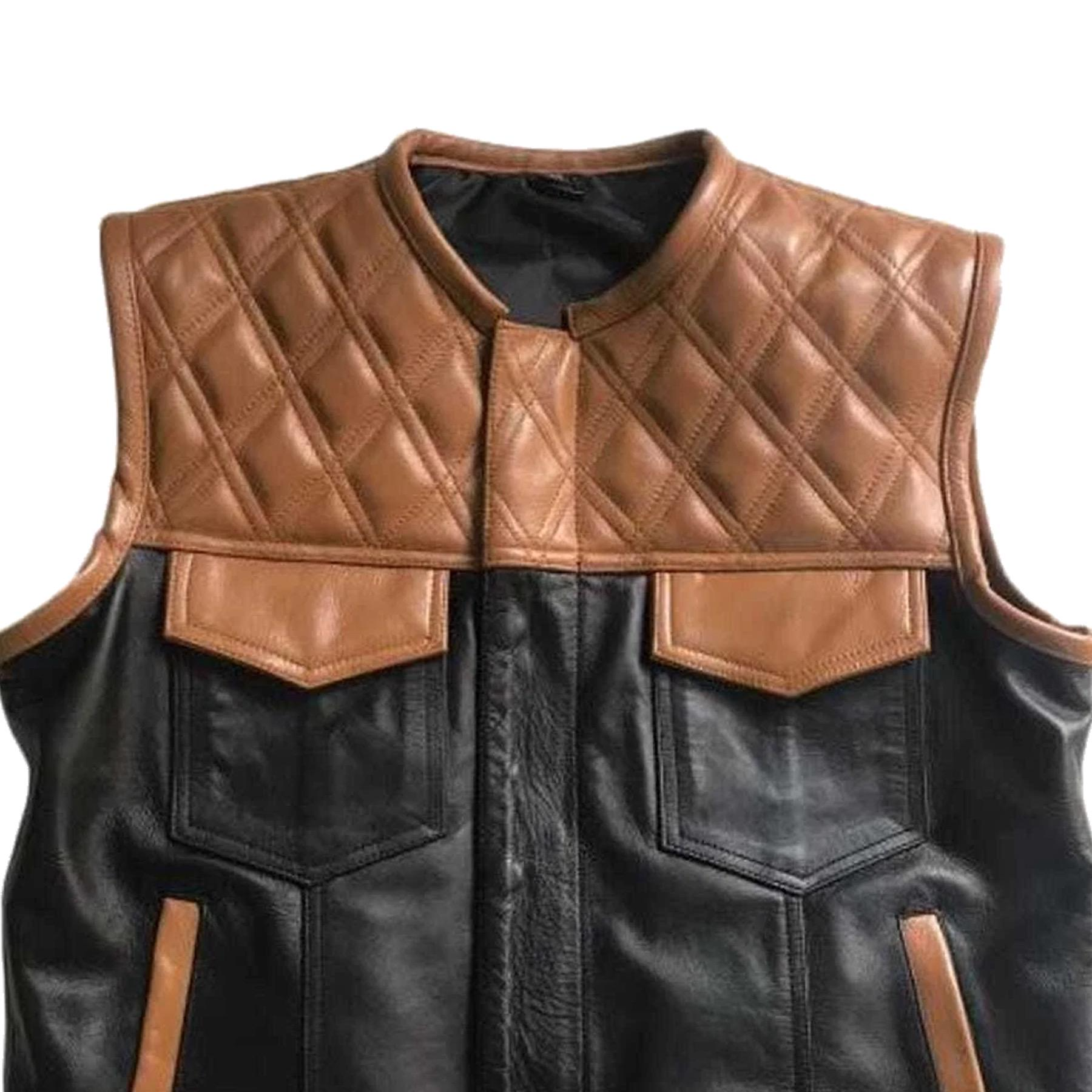 Men's Quilted Leather Vest | Handmade Brown & Black Biker Vest