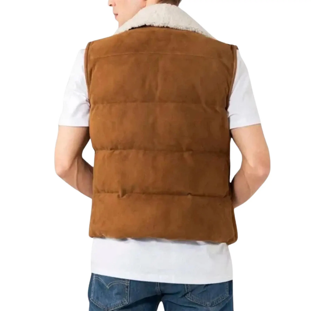 Suède Leren Puffer Vest voor Heren | Mouwloos Western Jack in Bruin