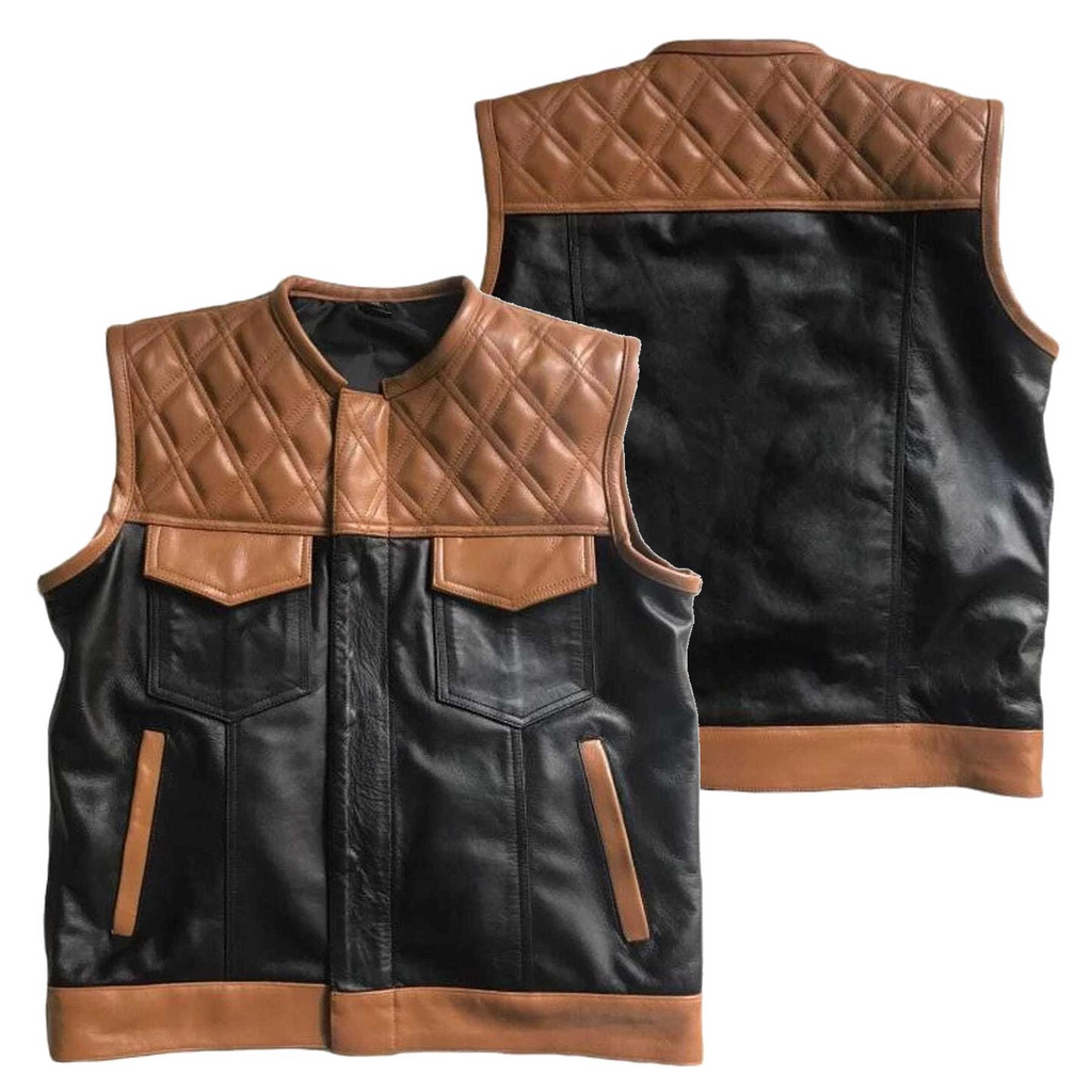 Gewatteerd Leren Herenvest | Handgemaakt Bruin & Zwart Biker Vest