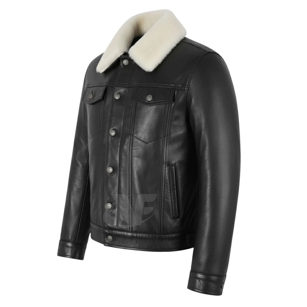 Black Faux fur Collar Leather Jacket | 100% Real Sheepskin Biker Rider Bomber Motorcycle Jacket, Handmade Classic Jacket