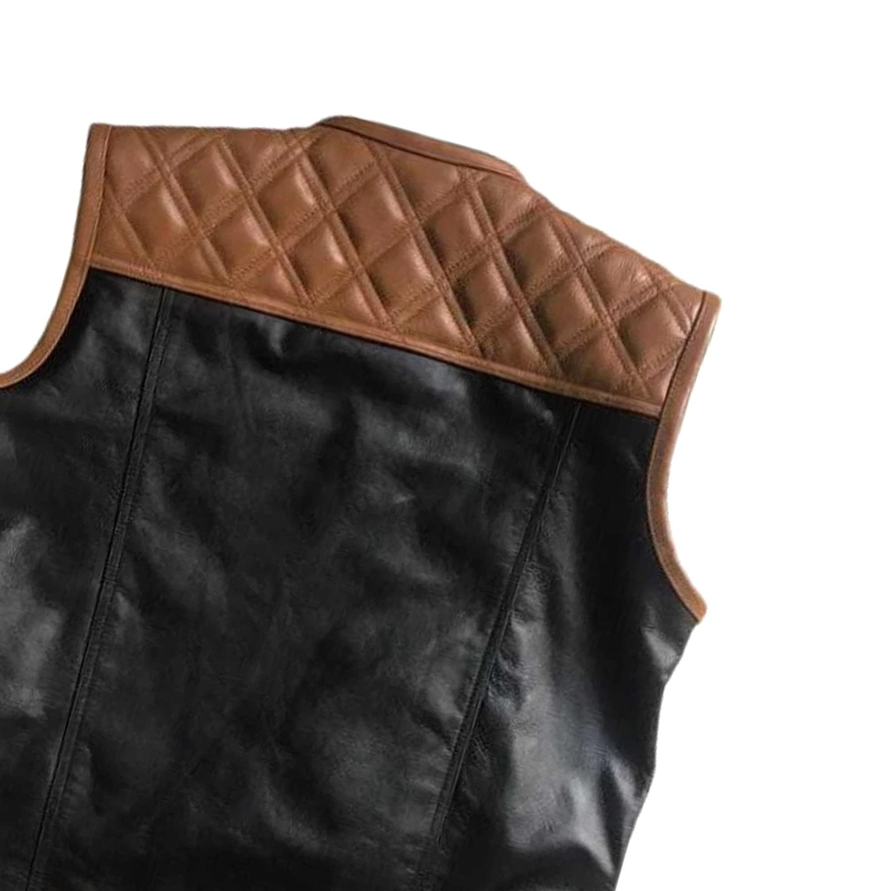 Men's Quilted Leather Vest | Handmade Brown & Black Biker Vest