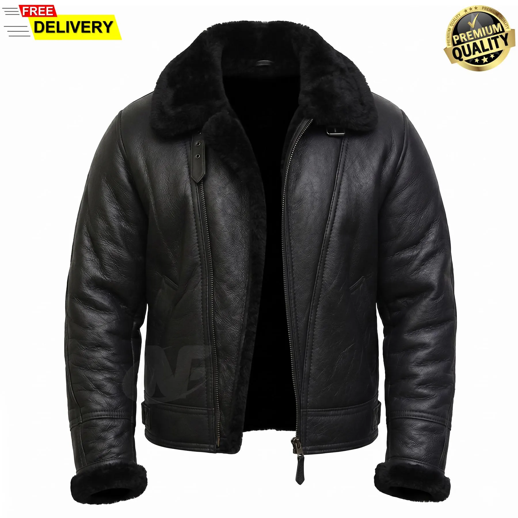 Mens Black Leather Aviator Jacket | Flight Jacket with Faux Fur Shearling | Vintage Style Winter Coat | B3 WWII Bomber Motorcycle Jacket