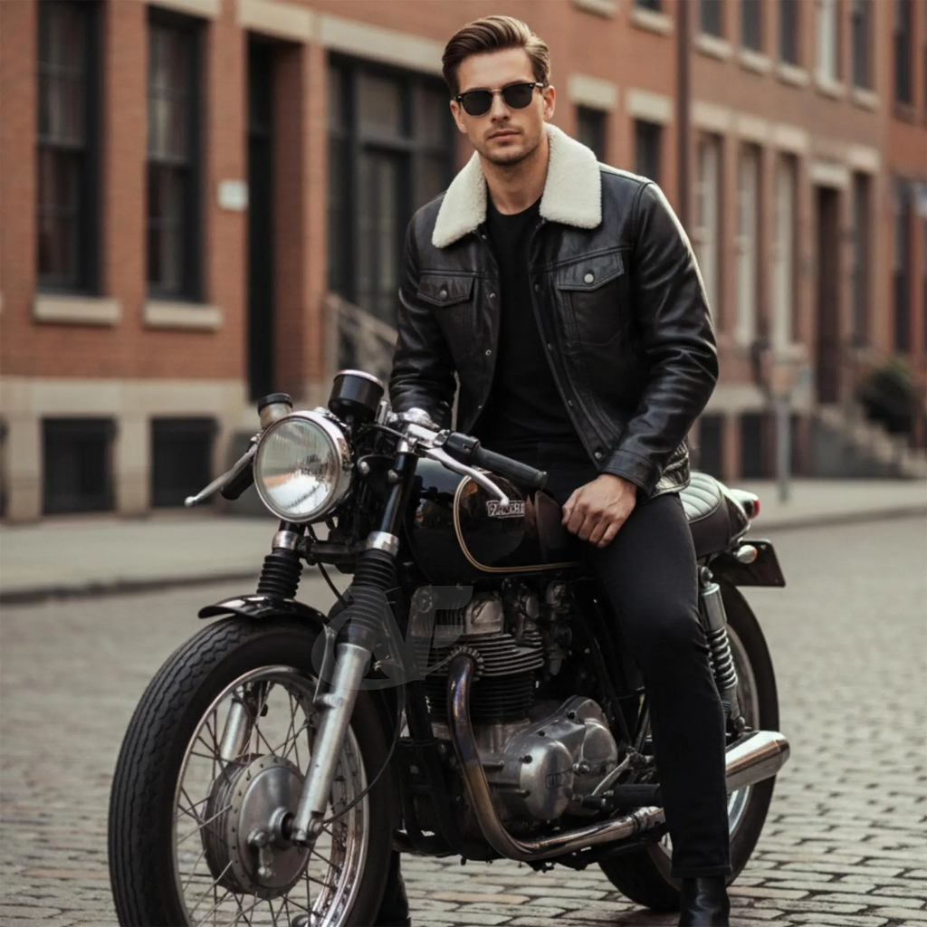 Black Faux fur Collar Leather Jacket | 100% Real Sheepskin Biker Rider Bomber Motorcycle Jacket, Handmade Classic Jacket