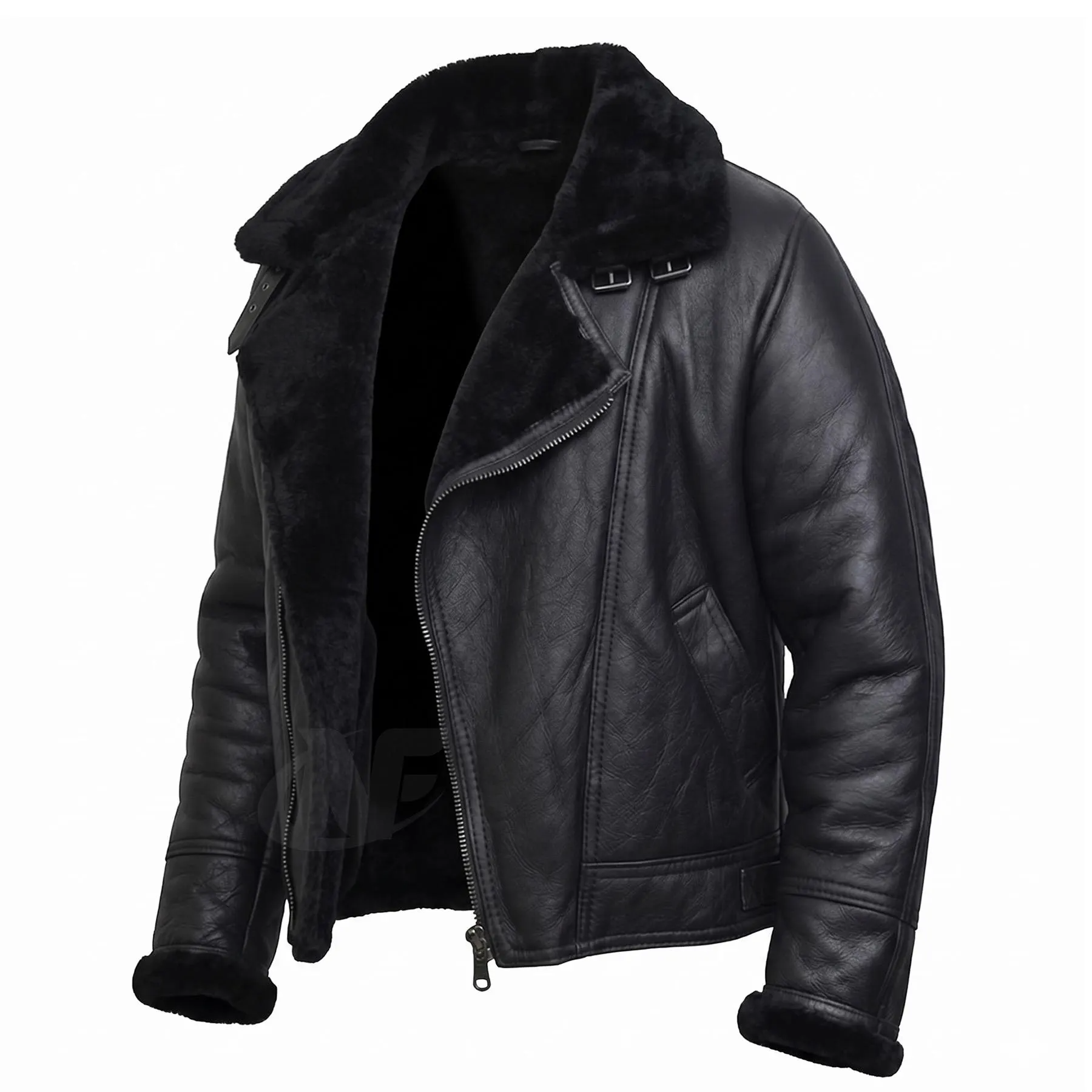 Mens Black Leather Aviator Jacket | Flight Jacket with Faux Fur Shearling | Vintage Style Winter Coat | B3 WWII Bomber Motorcycle Jacket