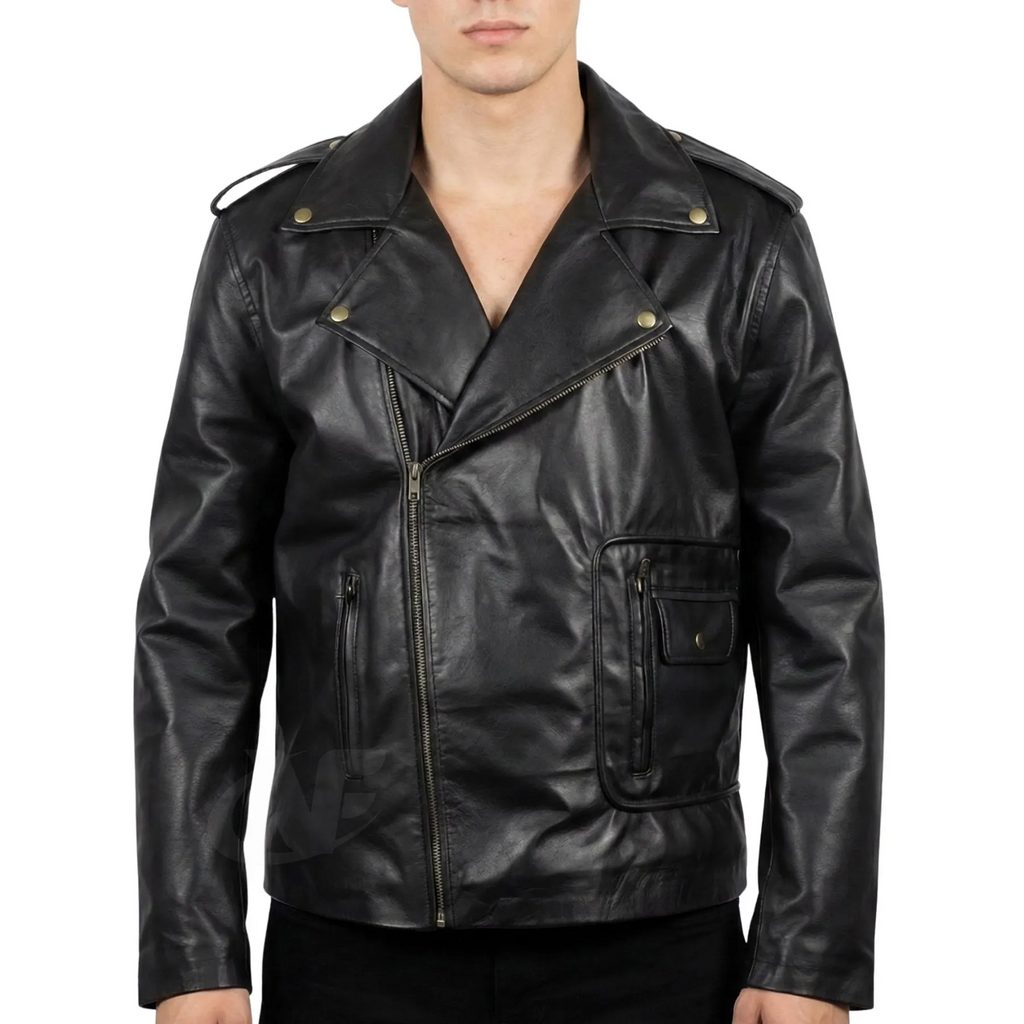 Handmade Danny Zuko Inspired Black Leather Biker Jacket | T-Birds 50s Greaser Retro Motorcycle Coat | Men's Costume