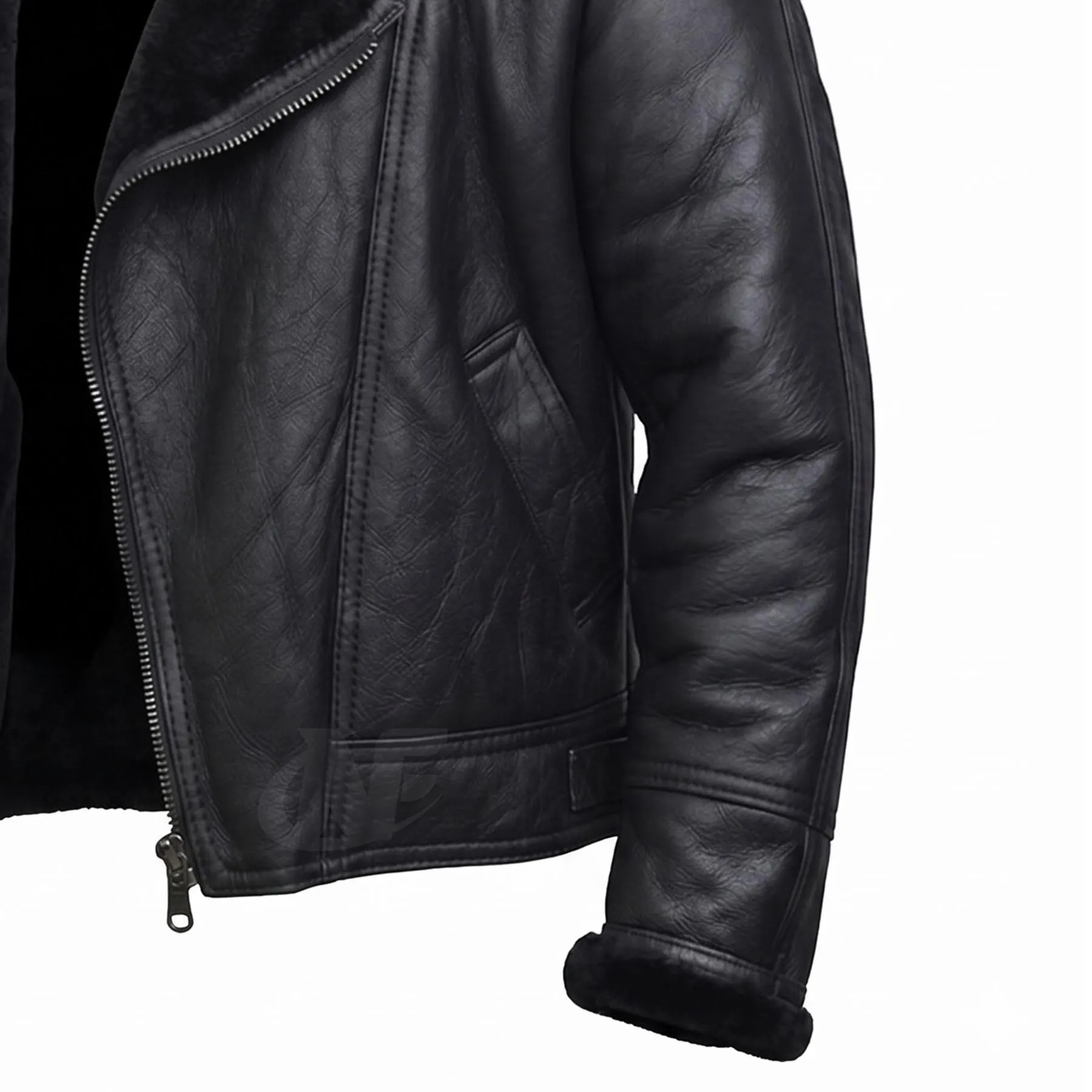Mens Black Leather Aviator Jacket | Flight Jacket with Faux Fur Shearling | Vintage Style Winter Coat | B3 WWII Bomber Motorcycle Jacket