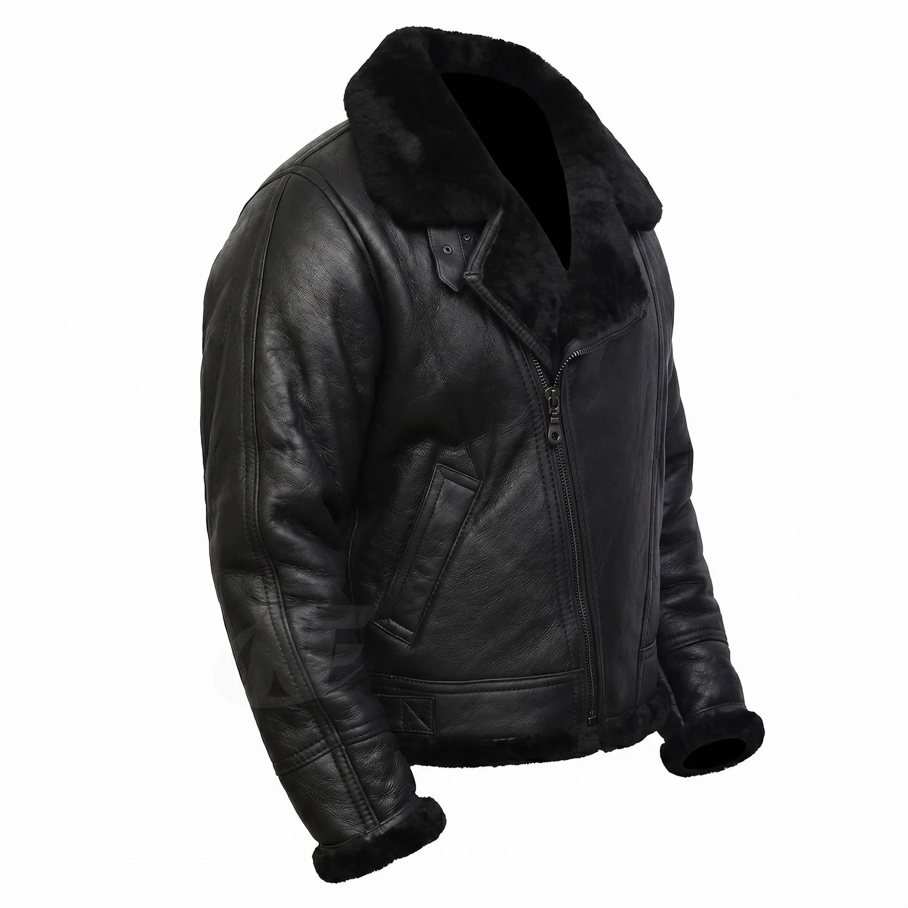 Mens Black Leather Aviator Jacket | Flight Jacket with Faux Fur Shearling | Vintage Style Winter Coat | B3 WWII Bomber Motorcycle Jacket